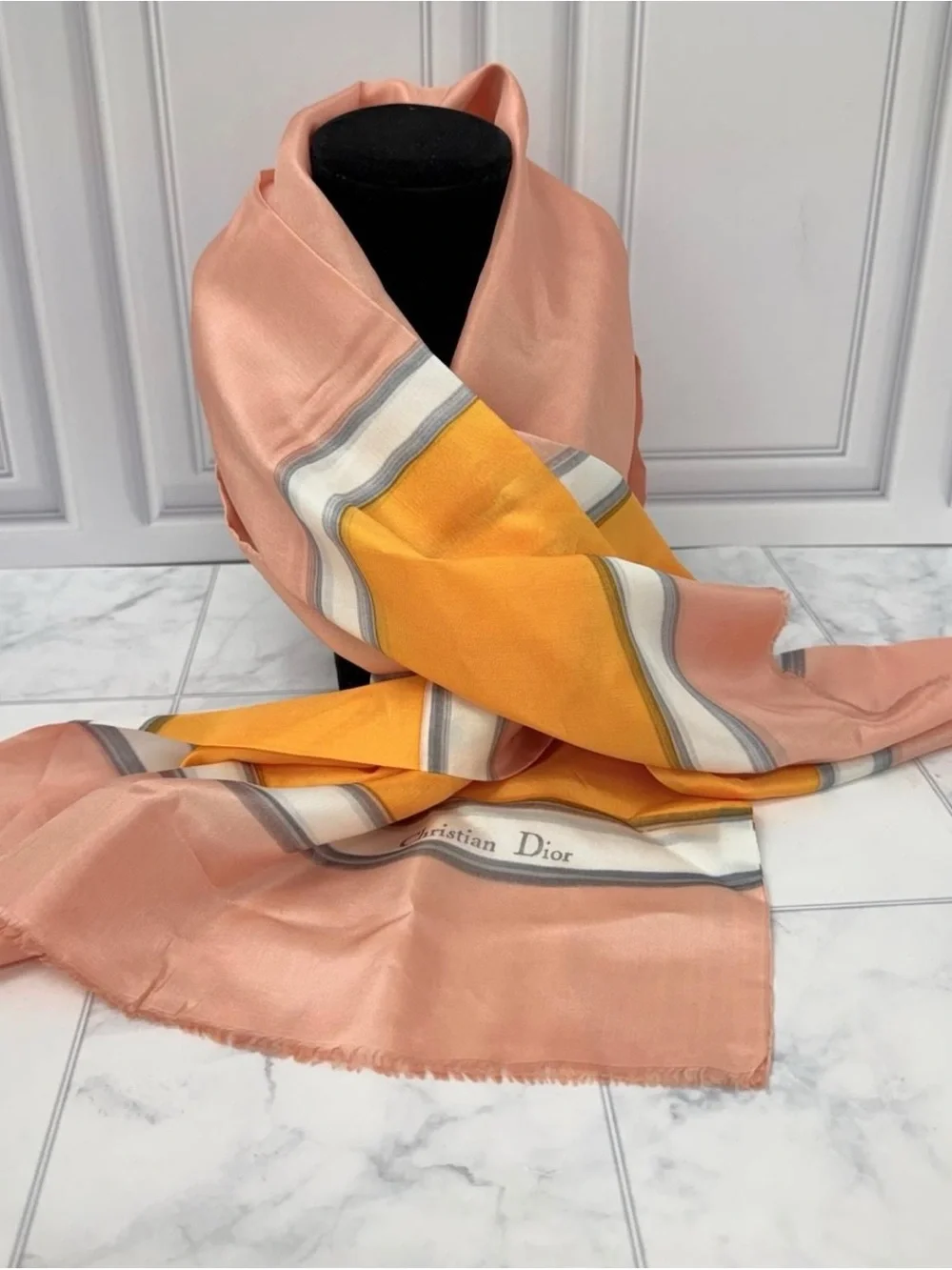 Authentic Christian Dior Silk Scarf Shawl Pink Orange + COA